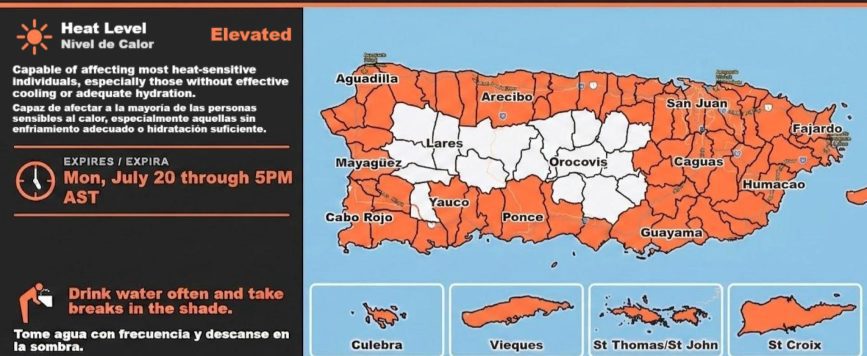 Advierten calor peligroso para gran parte de Puerto Rico e Islas Vírgenes